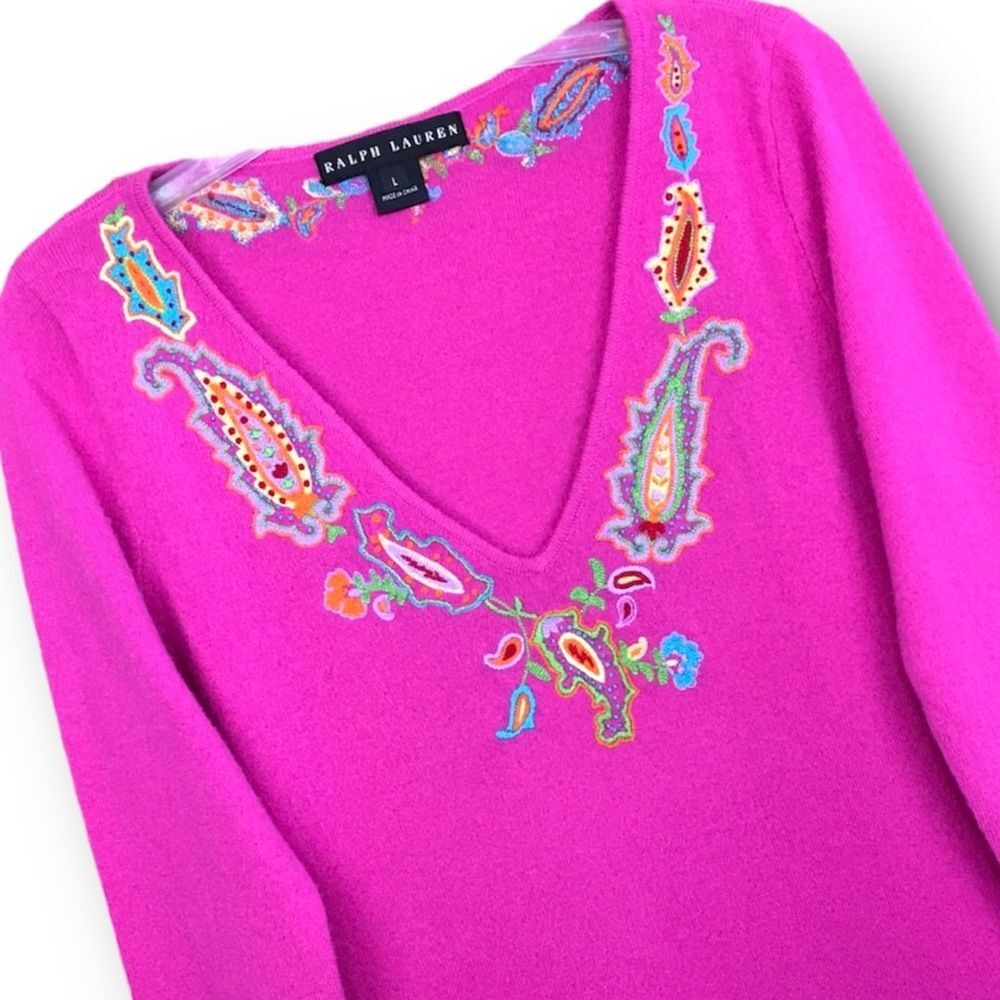 Ralph Lauren Black Lable 100% Cashmere V Neck Paisley Embroidered Sweater Pink L - Picture 7 of 13